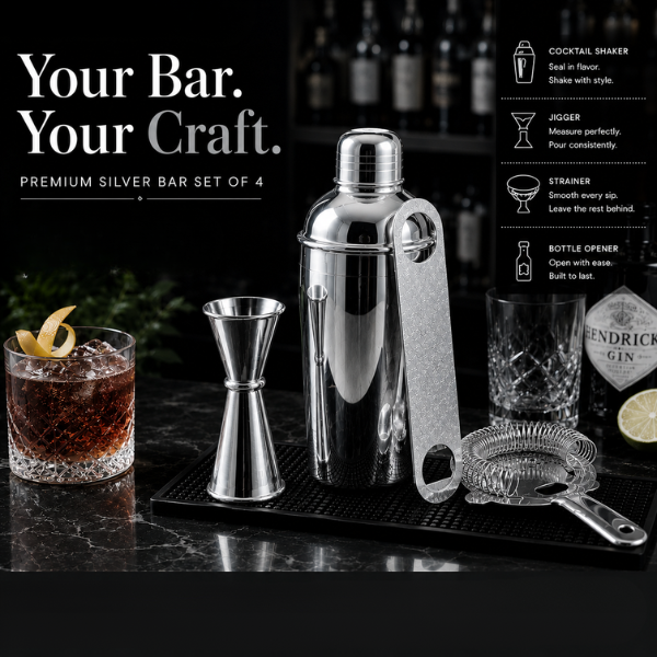 Mixology Four – Silver Cocktail Shaker Set | 4-Piece Bar Tool Set with Jigger & Strainer