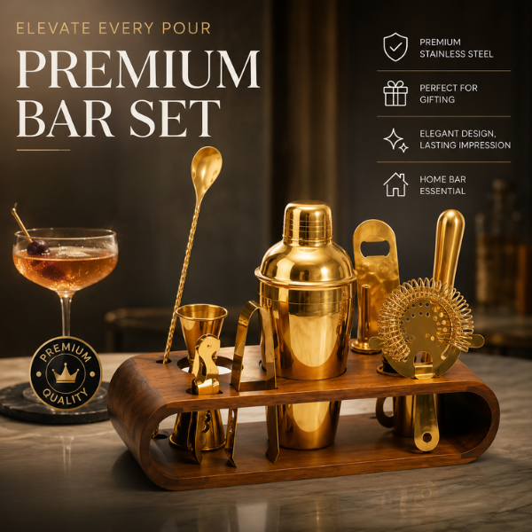 Gold Finish Bar Tool Set with Wooden Stand – Cocktail Accessories Set - 7 Pieces