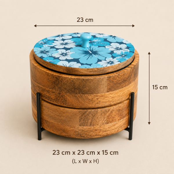 2-Tier Stackable Wooden Roti Box with Iron Stand & Floral Enamel Lid