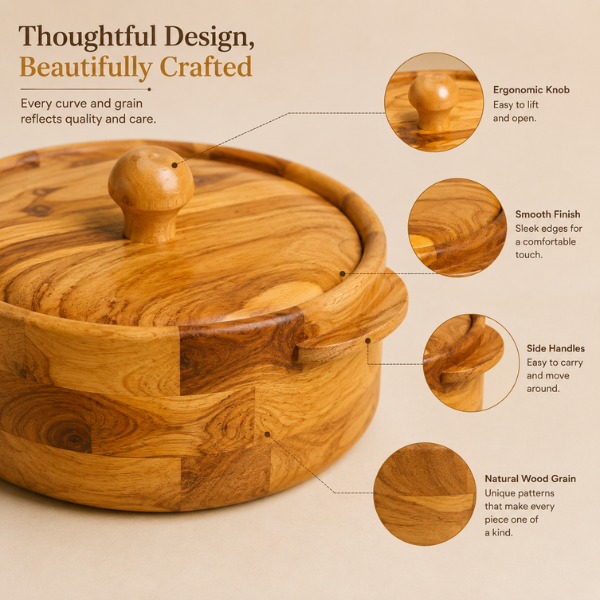 Large Wooden Roti Server – Insulated Hot Pot with Natural Wood Grain Finish