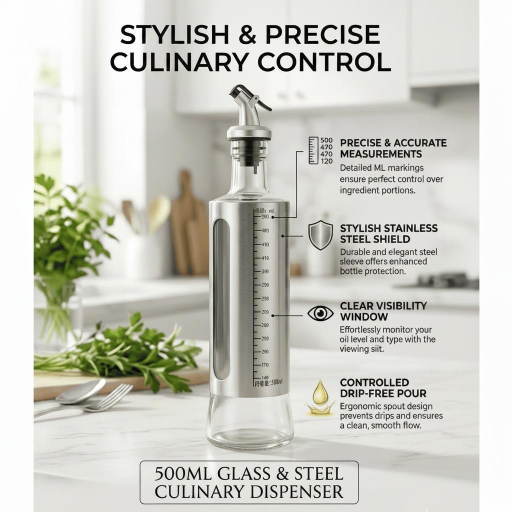 Oil Dispenser Bottle - 300ml | Glass Oil & Vinegar Pourer with Measuring Scale
