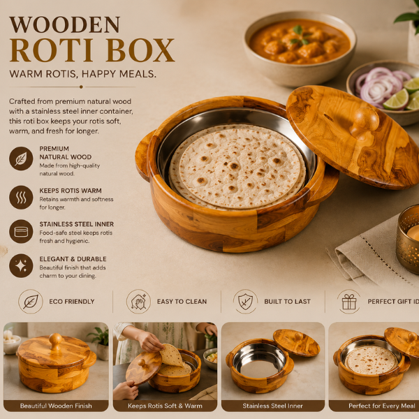 Small Wooden Roti Server – Insulated Hot Pot with Natural Wood Grain Finish