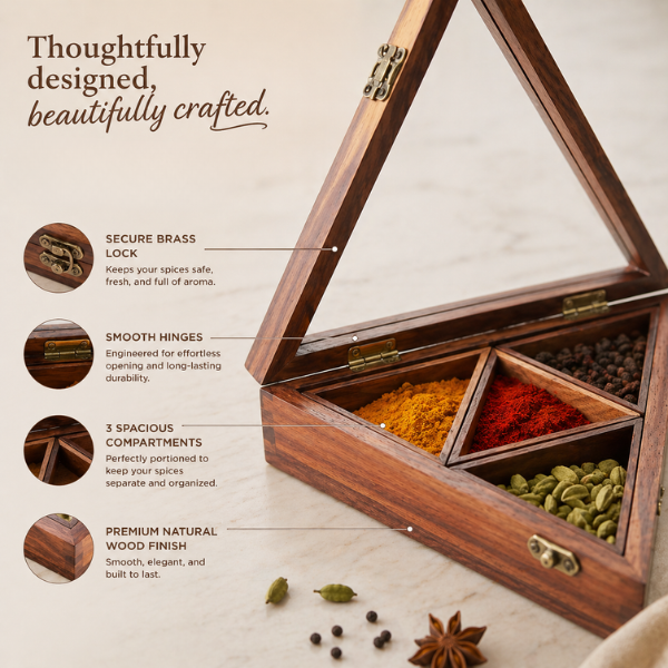 Unique Triangle Wooden Masala Box with 4 Compartments & Glass Lid