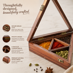 Unique Triangle Wooden Masala Box with 4 Compartments & Glass Lid