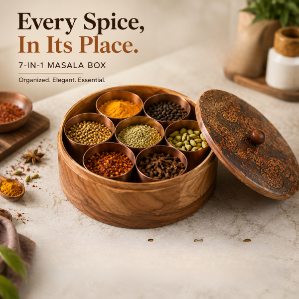 Round Wooden Spice Box – Designer Masala Danni with Copper-Tone Insets & 7 Metal Containers