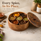 Round Wooden Spice Box – Designer Masala Danni with Copper-Tone Insets & 7 Metal Containers