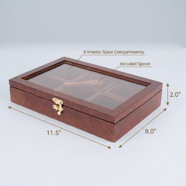 Sheesham Wood Spice Box with 6 Compartments, Glass Lid & Wooden Spoon