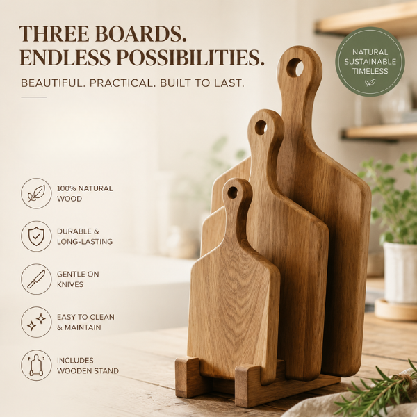 Wooden Paddle Chopping Board Set of 3 with Handle | Solid Wood Cutting Board, Kitchen Chopping & Serving Boards