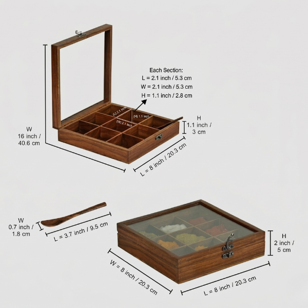 Sheesham Wood Masala Box with 9 Compartments, Glass Lid & Wooden Spoon