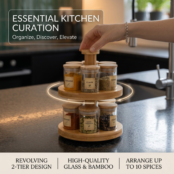 Premium Bamboo & Glass Revolving Masala Rack – 360° Spinning Kitchen Storage with 12 Jars
