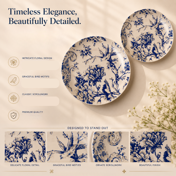 Blue and White Botanical Wall Plate Set – Decorative Ceramic Art Set of 2