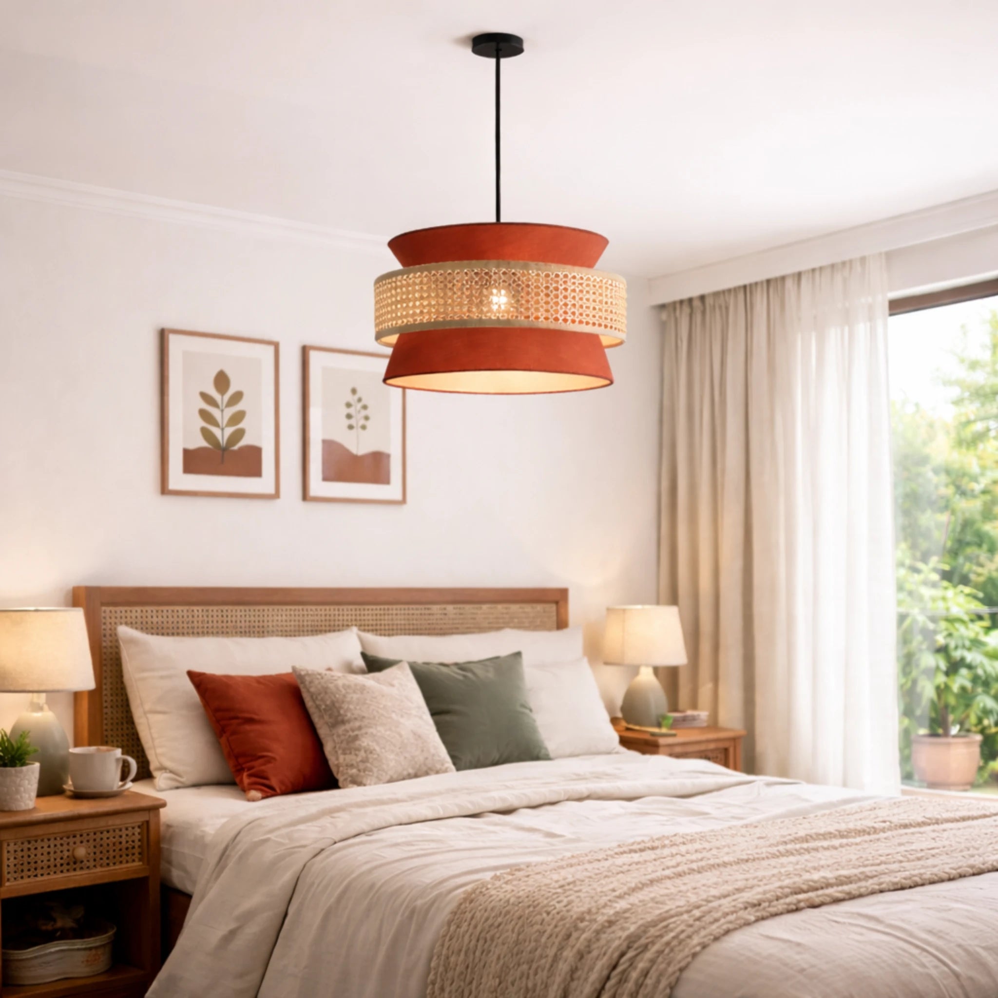 Sage Green Fabric and Natural Rattan Pendant Ceiling Light