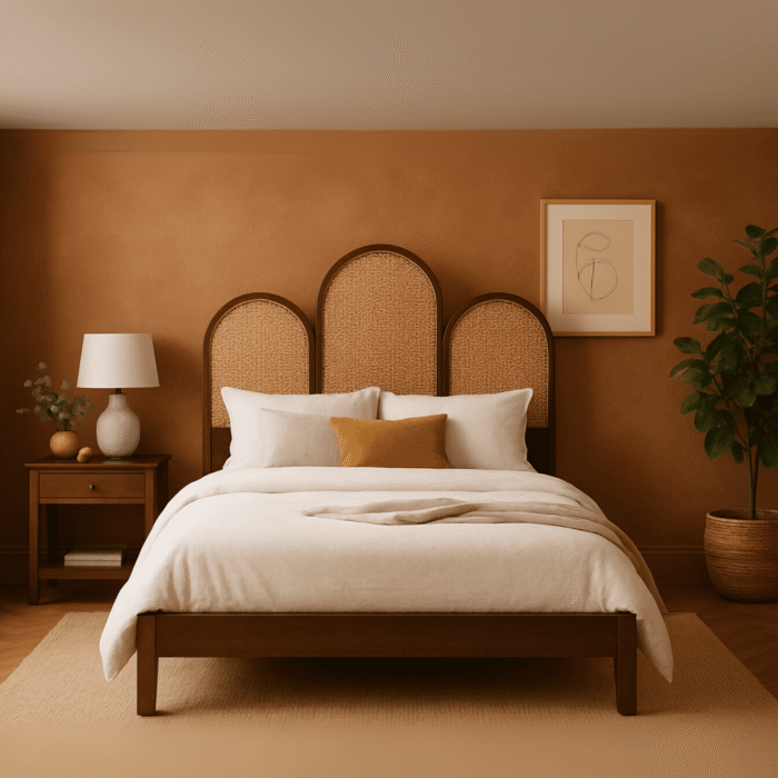 Sienna Cane Modern King Size Bed With Upholstered Headboard