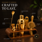 Gold Finish Bar Tool Set with Wooden Stand – Cocktail Accessories Set - 7 Pieces