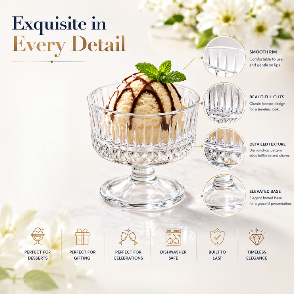 Premium Clear Glass Dessert Bowls Set of 6 | Ice Cream, Sundae & Dessert Serving Cups