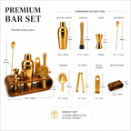 Gold Finish Bar Tool Set with Wooden Stand – Cocktail Accessories Set - 7 Pieces