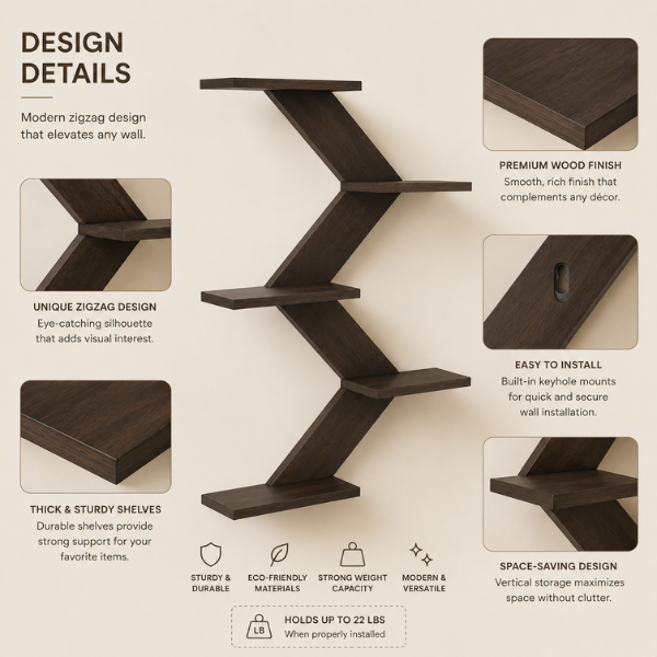 Zivo Zag Modern Wall Shelf for Living Room & Bedroom Decor