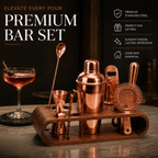 Copper Finish Bar Tool Set with Wooden Stand – Cocktail Accessories Set - 7 Pieces