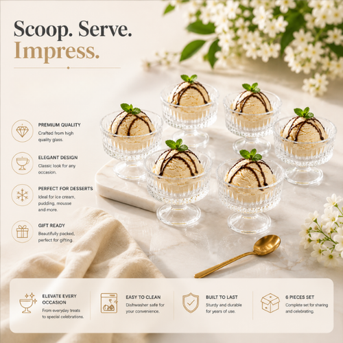 Premium Clear Glass Dessert Bowls Set of 6 | Ice Cream, Sundae & Dessert Serving Cups