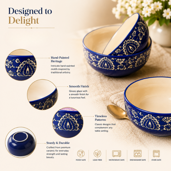 Indigo Glass Dessert Bowl Set | Ice Cream, Snack & Serving Bowls – Set of 6