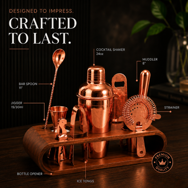Copper Finish Bar Tool Set with Wooden Stand – Cocktail Accessories Set - 7 Pieces