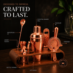 Copper Finish Bar Tool Set with Wooden Stand – Cocktail Accessories Set - 7 Pieces