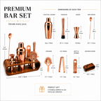 Copper Finish Bar Tool Set with Wooden Stand – Cocktail Accessories Set - 7 Pieces