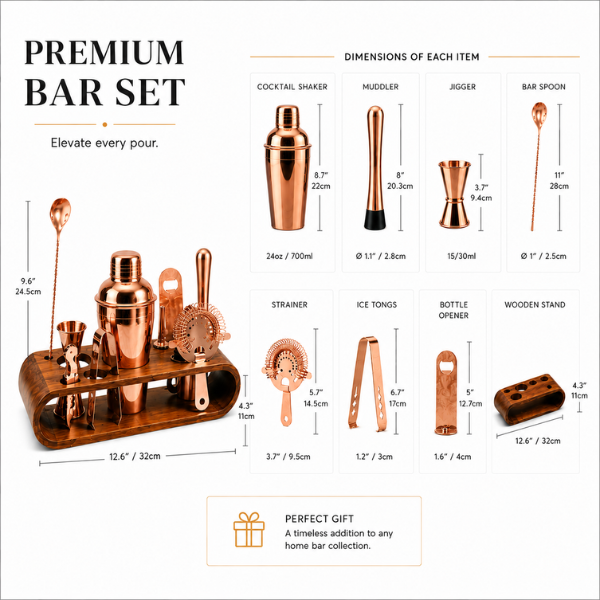 Copper Finish Bar Tool Set with Wooden Stand – Cocktail Accessories Set - 7 Pieces