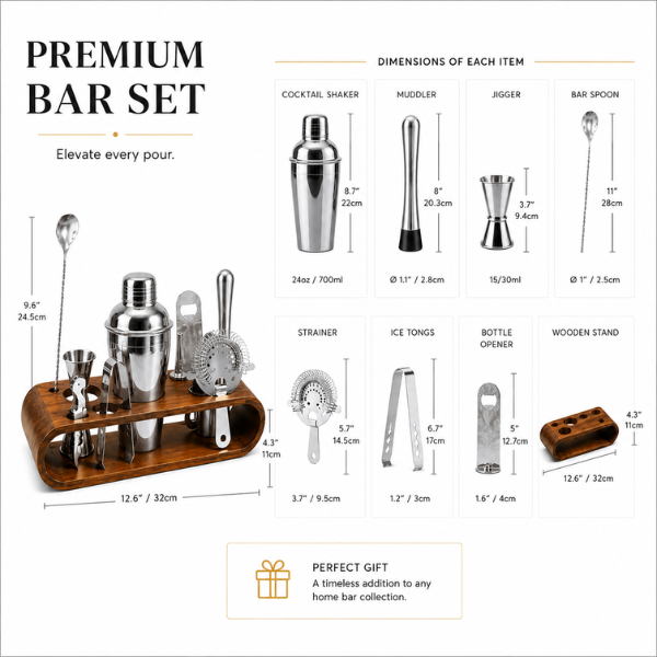 Silver Finish Bar Tool Set with Wooden Stand – Cocktail Accessories Set - 7 Pieces
