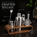 Silver Finish Bar Tool Set with Wooden Stand – Cocktail Accessories Set - 7 Pieces