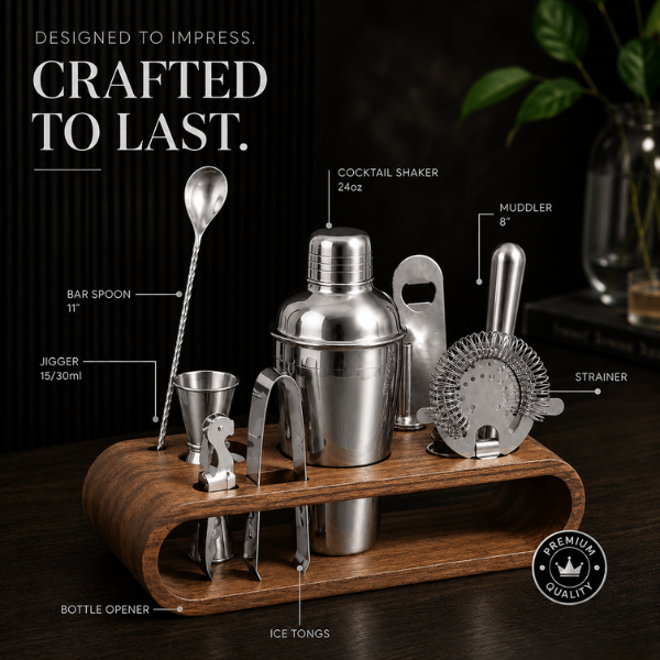 Silver Finish Bar Tool Set with Wooden Stand – Cocktail Accessories Set - 7 Pieces