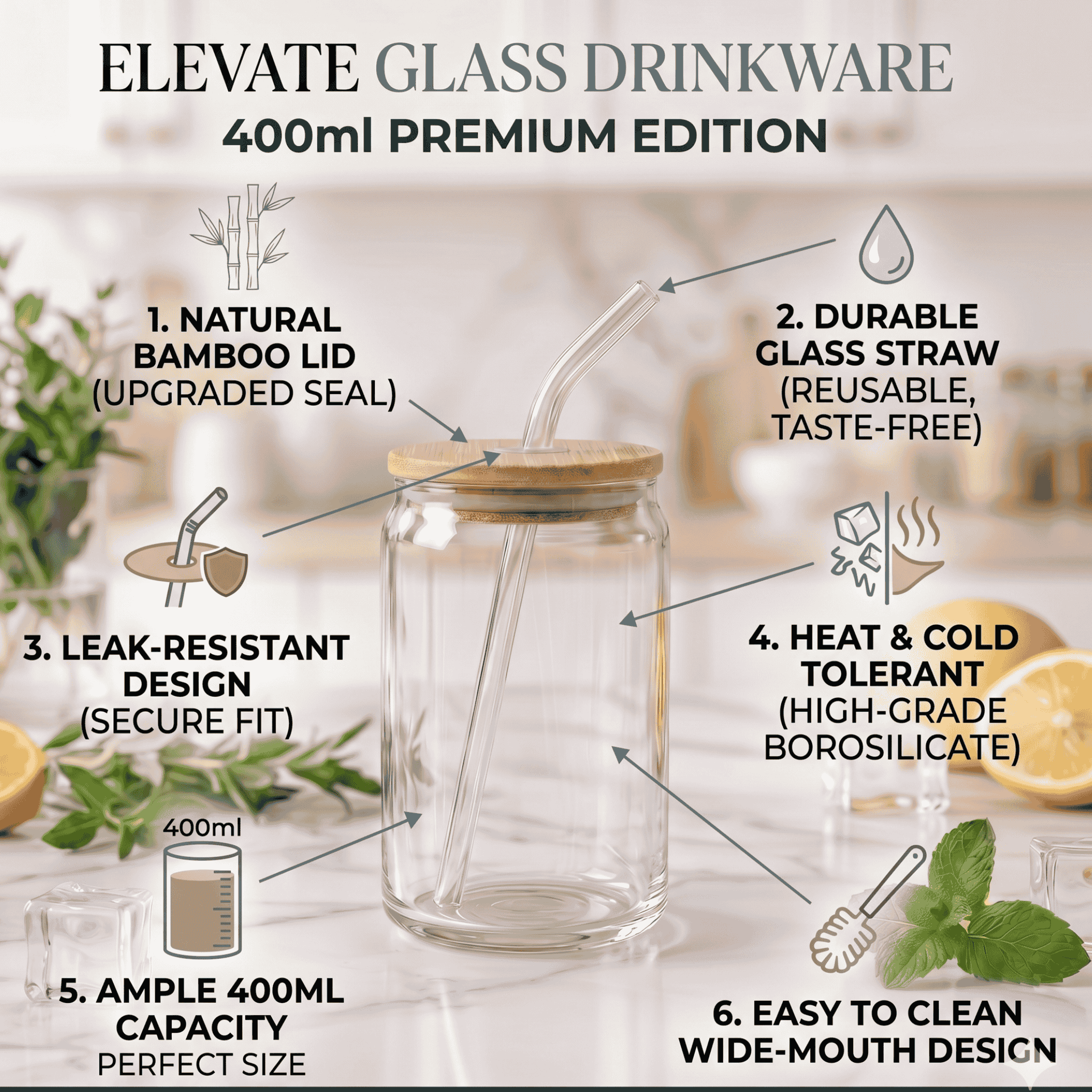Eco-Chic Glass Tumbler Set of 2 with Bamboo Lid & Straw