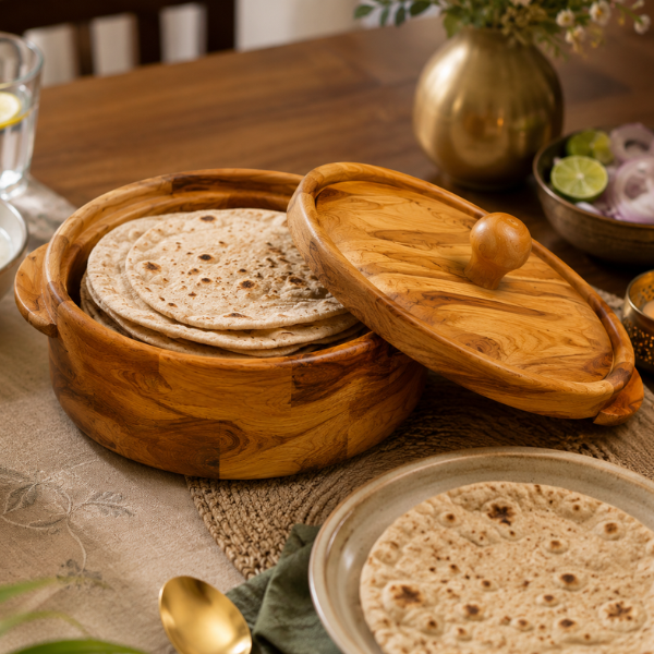 Large Wooden Roti Server – Insulated Hot Pot with Natural Wood Grain Finish
