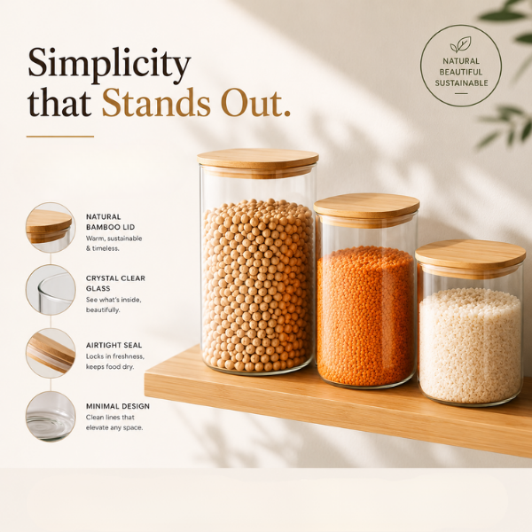 Square Borosilicate Glass Storage Jars – Airtight Food Containers for Pulses, Rice & Grains, Set of 3