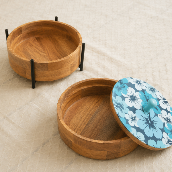 2-Tier Stackable Wooden Roti Box with Iron Stand & Floral Enamel Lid