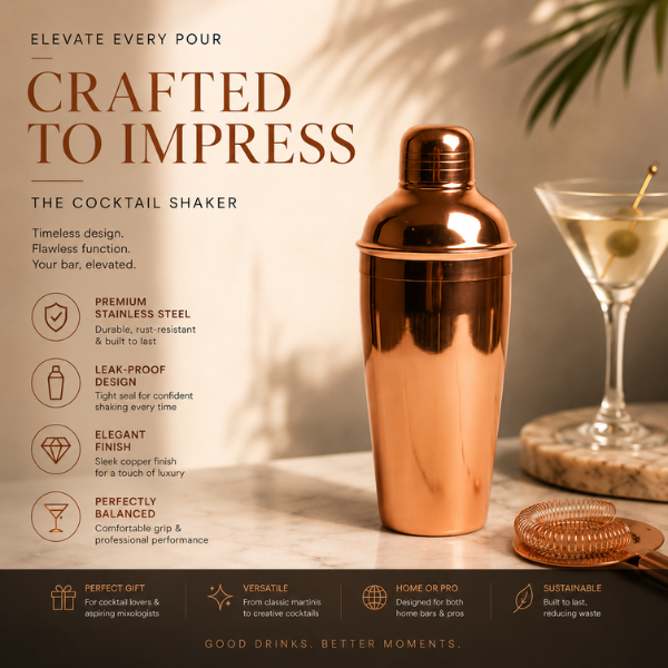 Copper Cocktail Shaker | Stainless Steel Bar Shaker for Cocktails & Mocktails