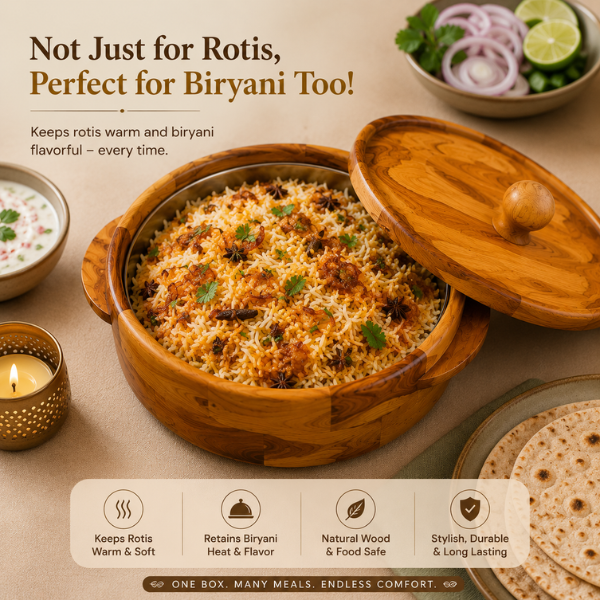 Small Wooden Roti Server – Insulated Hot Pot with Natural Wood Grain Finish