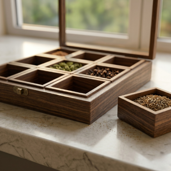 Sheesham Wood Masala Box with 9 Compartments, Glass Lid & Wooden Spoon