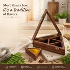 Unique Triangle Wooden Masala Box with 4 Compartments & Glass Lid