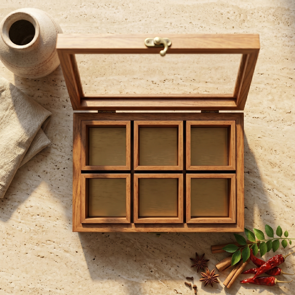 Sheesham Wood Spice Box with 6 Compartments, Glass Lid & Wooden Spoon