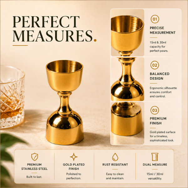 Gold FInish Stainless Steel Cocktail Jigger – Dual Spirit Measure for Home Bar