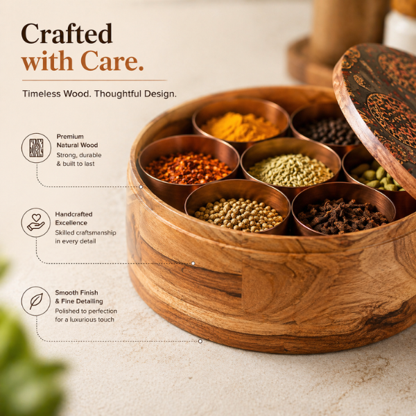 Round Wooden Spice Box – Designer Masala Danni with Copper-Tone Insets & 7 Metal Containers