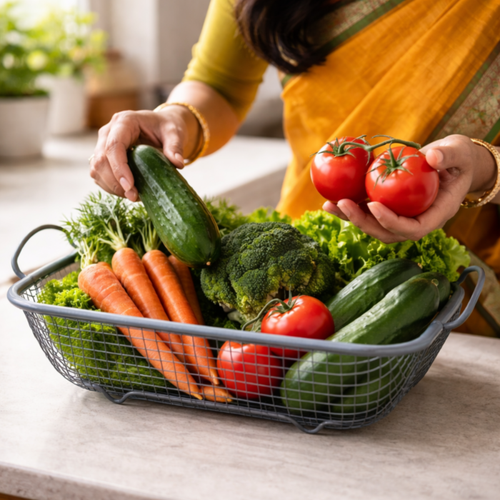 Stainless Steel Mesh Basket for Fruits & Vegetables with Handles | Washing & Draining Tray