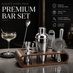 Silver Finish Bar Tool Set with Wooden Stand – Cocktail Accessories Set - 7 Pieces