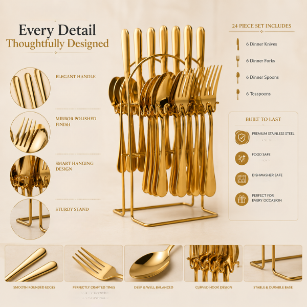 Regal Verde Cutlery Set-Stainless Steel Cutlery Set with Stand: 24pc