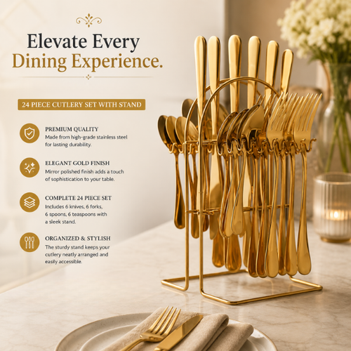 Regal Verde Cutlery Set-Stainless Steel Cutlery Set with Stand: 24pc