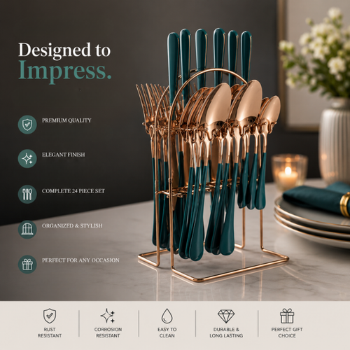 Emerald Gold Cutlery -Stainless Steel Cutlery Set with Stand: 24pc