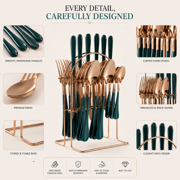 Emerald Gold Cutlery -Stainless Steel Cutlery Set with Stand: 24pc
