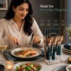 Emerald Gold Cutlery -Stainless Steel Cutlery Set with Stand: 24pc