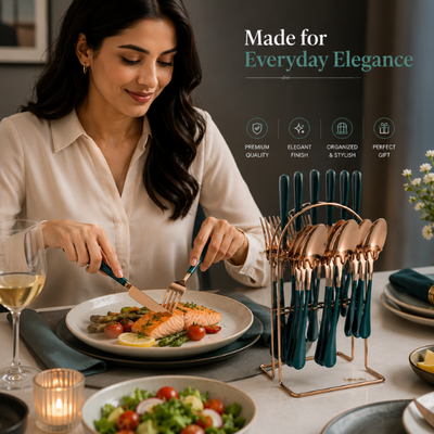Emerald Gold Cutlery -Stainless Steel Cutlery Set with Stand: 24pc